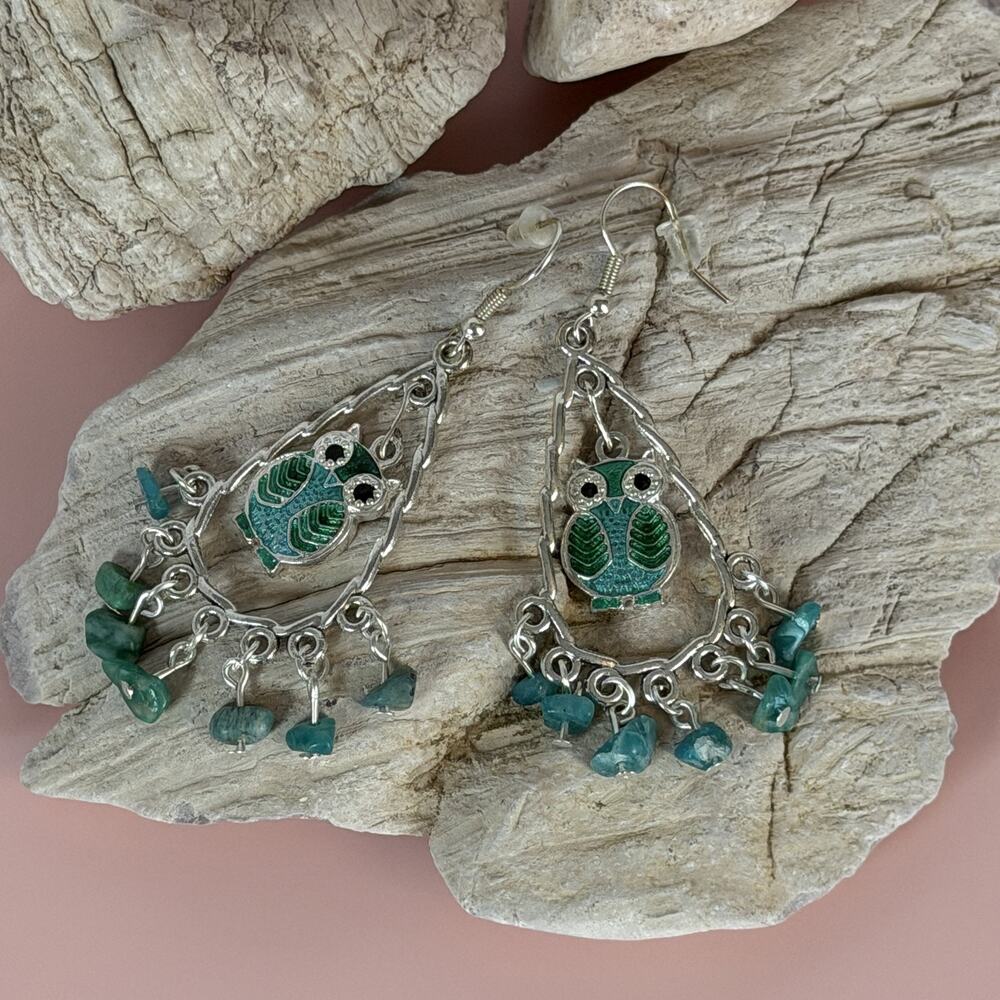 Cute Shasta Daisy Silver-Tone & Green Amazonite Cloisonne Owl Dangle Earrings